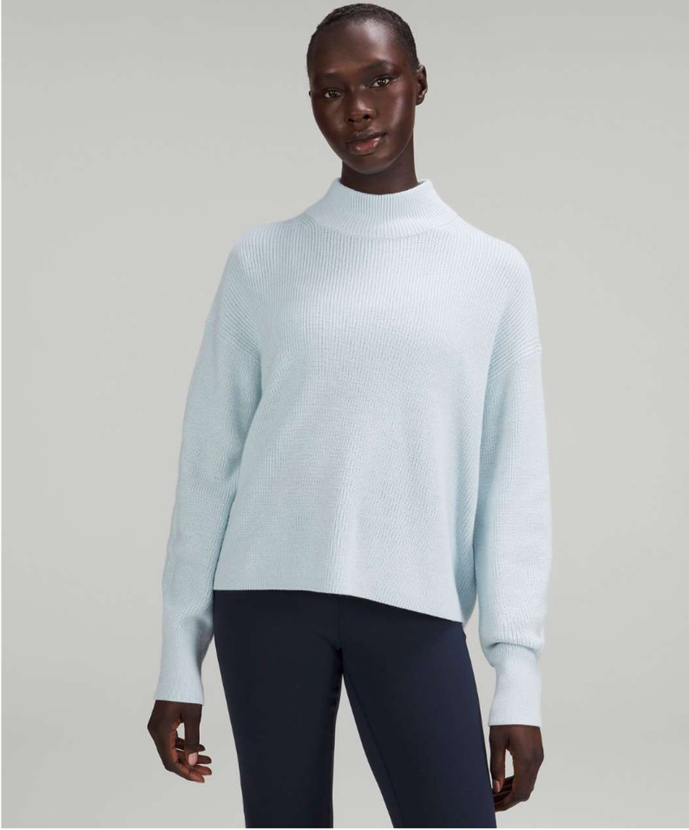 Lululemon Merino Wool Ribbed Mock Neck Sweater Powder Blue Size 4 Ribbed Knit